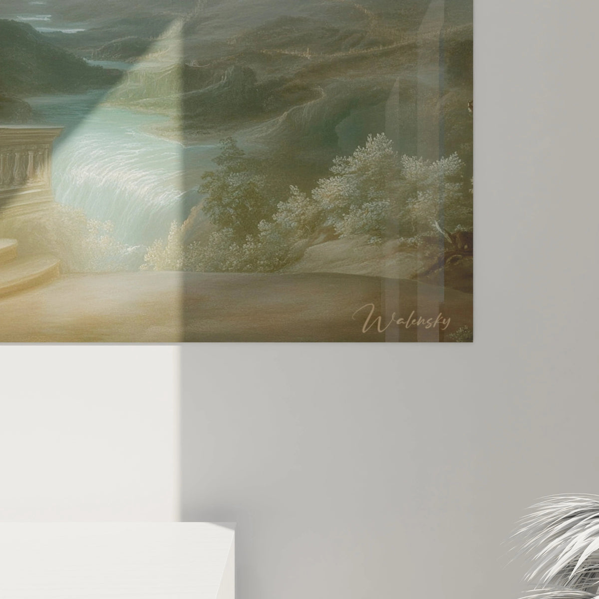 tableau paysage lune argentée Walensky mural montrant balcon en pierre cascade montagnes et arbres