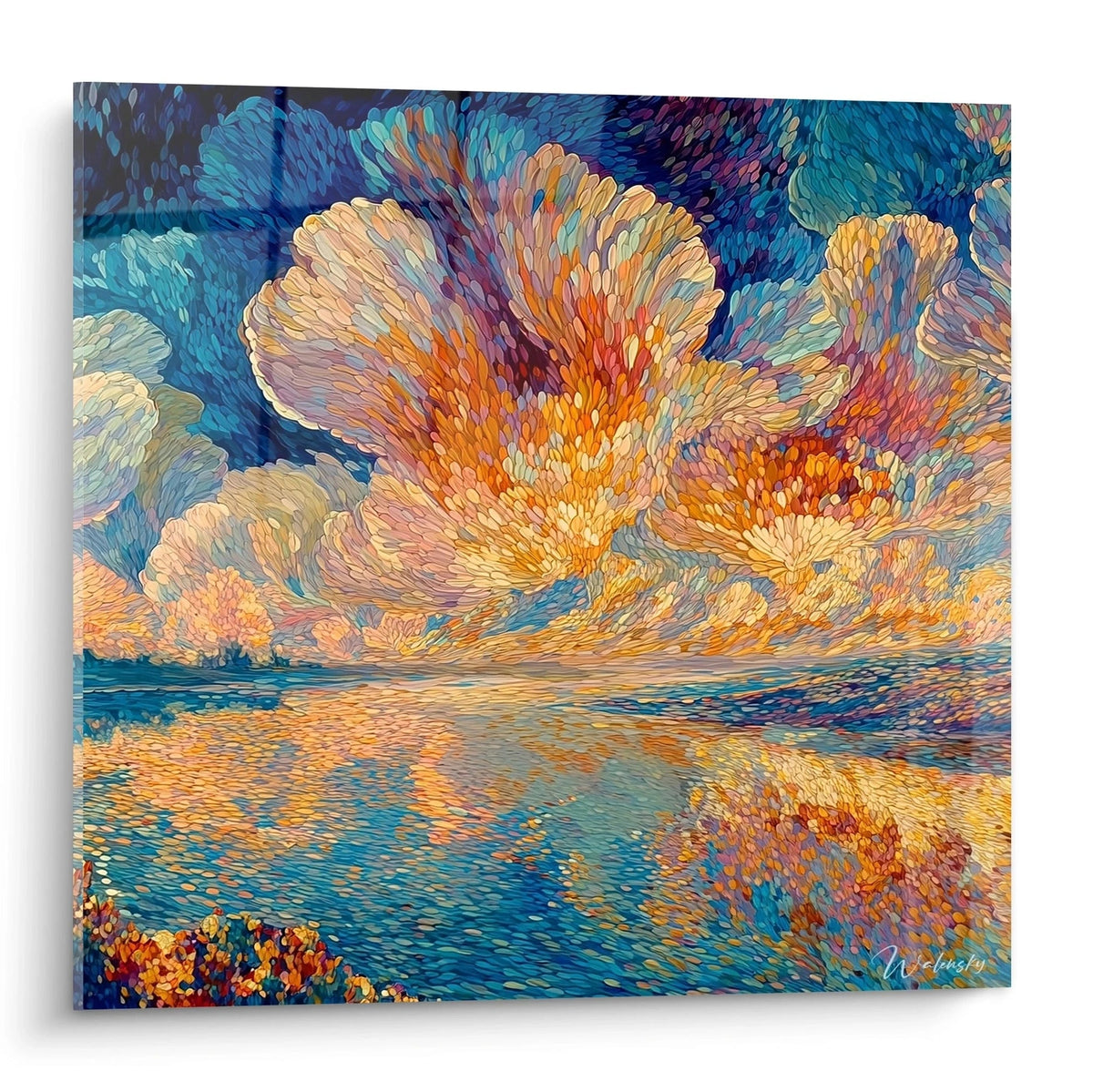 Tableau mural Walensky tableau paysage marin impressionniste aux couleurs vives, nuages en pétales et reflet sur la mer