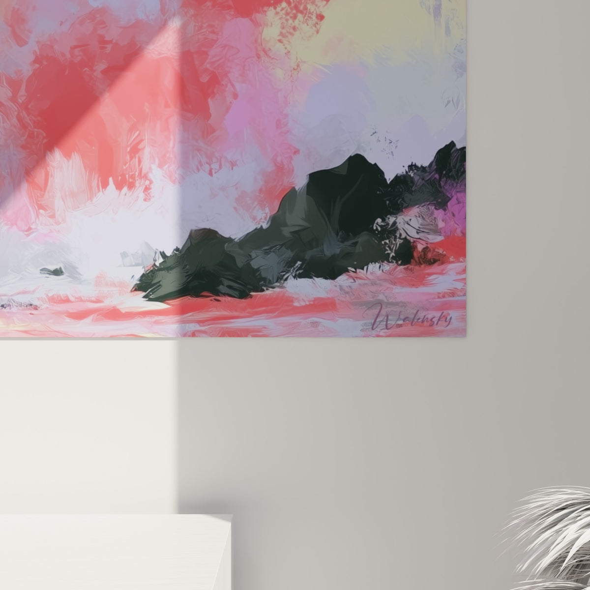 Empâtements roses et corail se mêlant au blanc glacé, matière épaisse visible en gros plan sur la toile