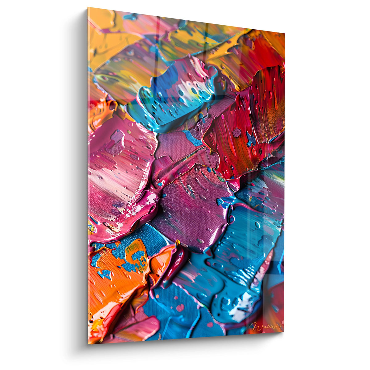 Tableau peinture acrylique multicolore abstrait avec empâtements expressifs en bleu rouge jaune violet