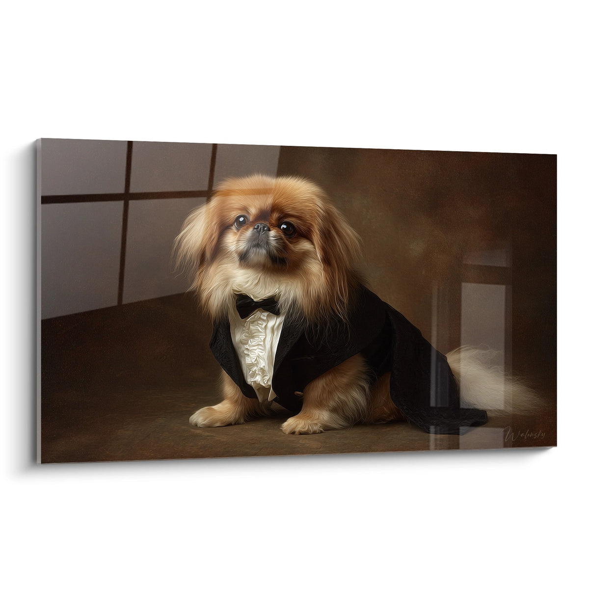 Portrait élégant d'un Pékinois en costume victorien noir avec nœud papillon sur fond chaleureux doré