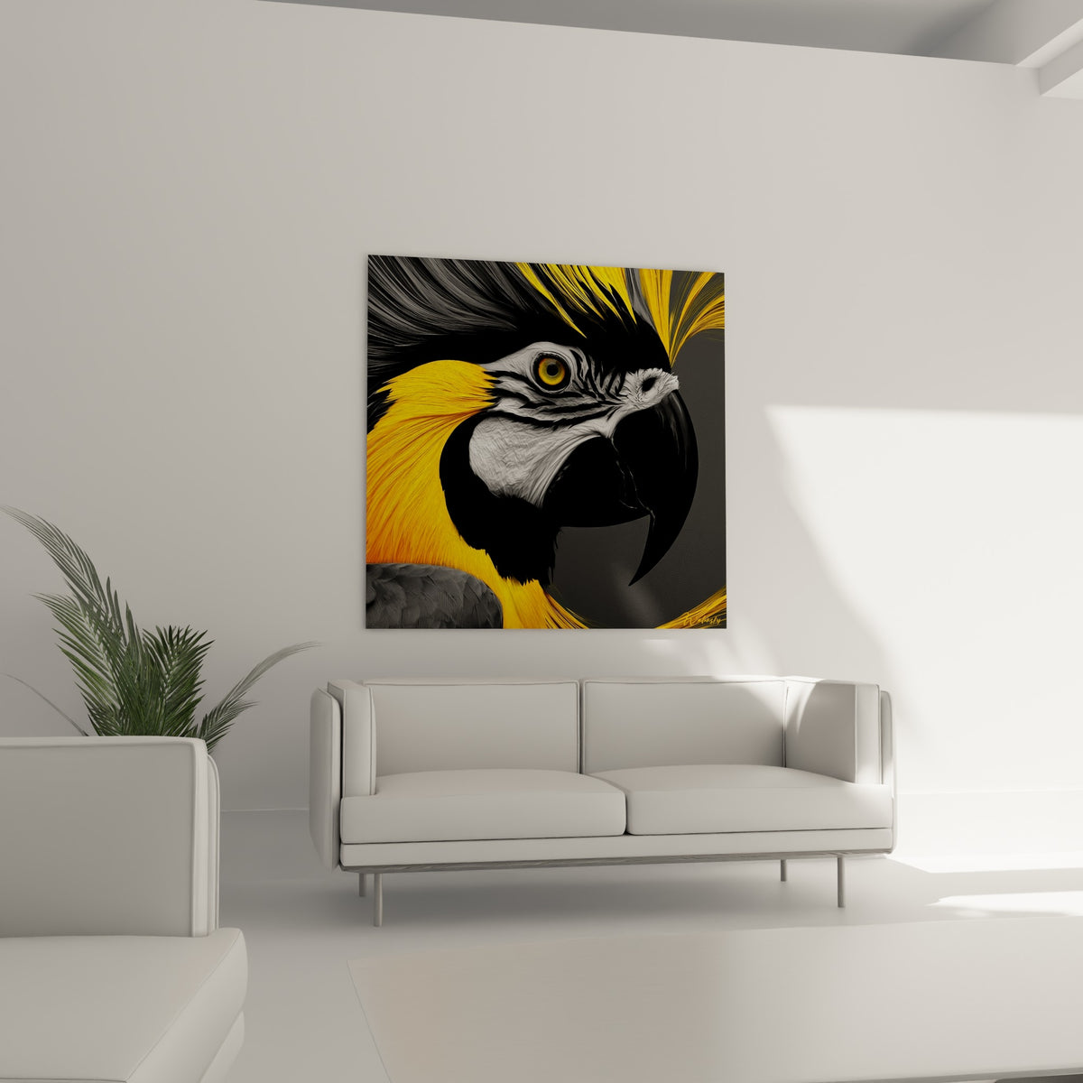 Oiseau exotique aux plumes dorées et grises, bec sombre acéré, au-dessus d'un canapé dans un salon lumineux