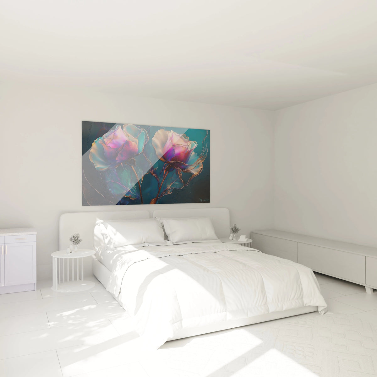Un tableau fleurs mystiques montrant deux roses aux couleurs néon rose et violet, avec des pétales translucides et texturés qui semblent briller de l'intérieur, flottant dans un environnement aquatique bleu profond.