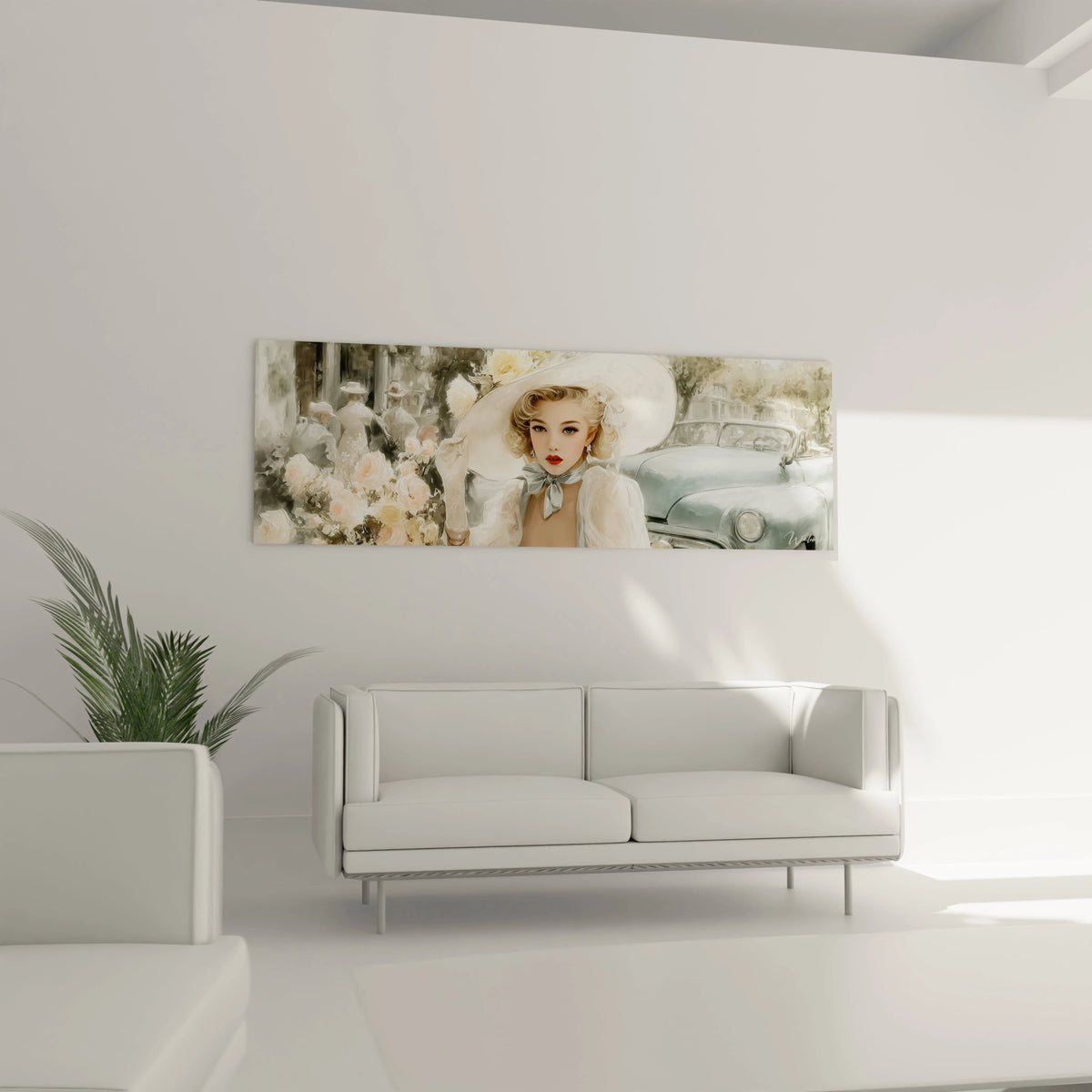 Tableau mural pin-up chic années 40 représentant une femme élégante devant une voiture vintage.