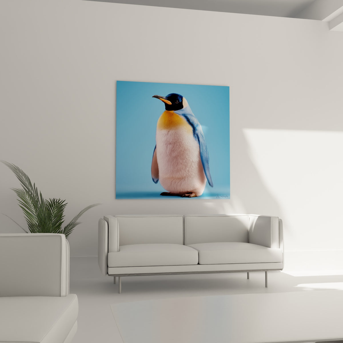 Plumage bleu et doré du manchot empereur mis en valeur, au-dessus d'un canapé dans un salon lumineux