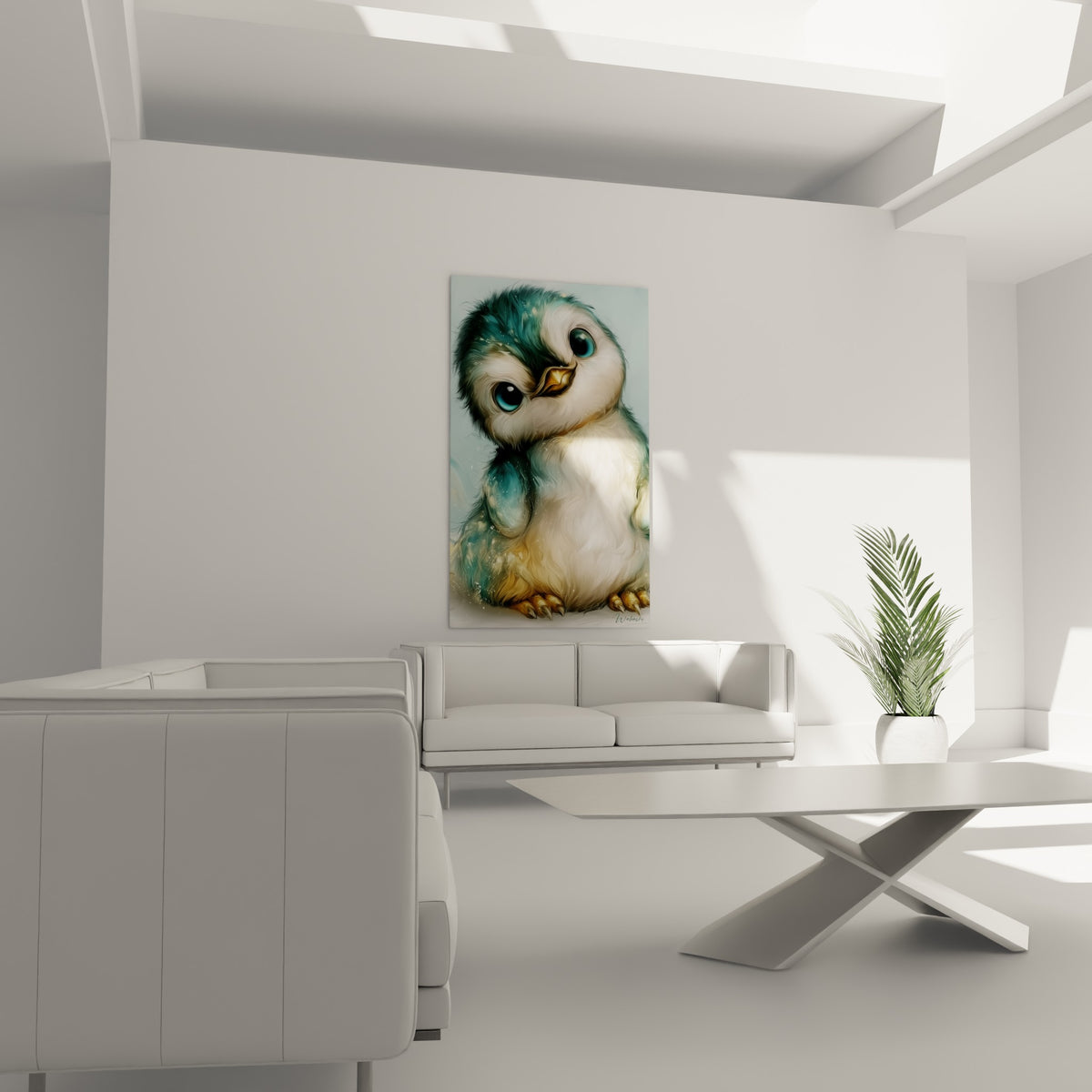 Oisillon pingouin ivoire et bleu turquoise au-dessus d'un canapé dans un salon lumineux