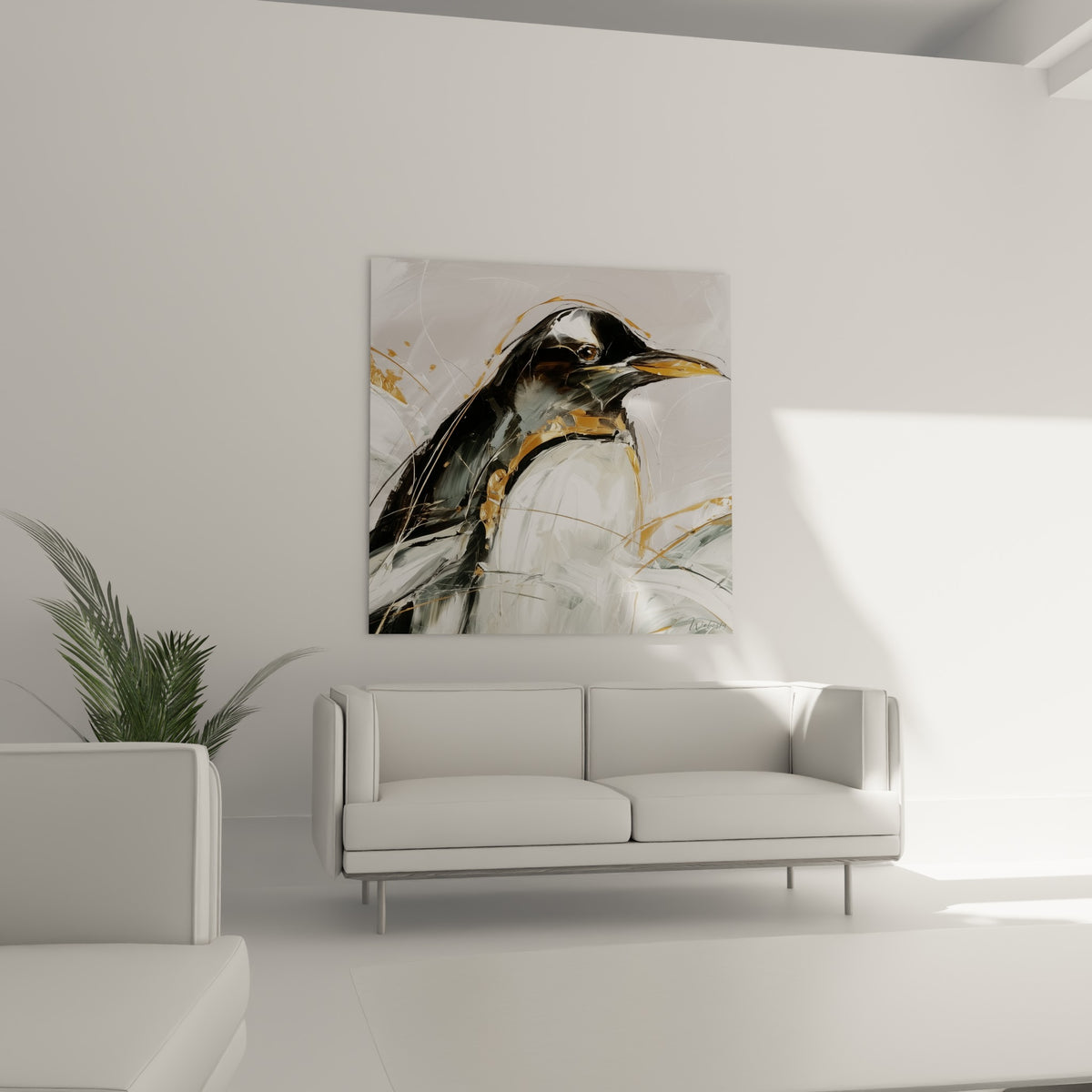 Buste de manchot blanc et anthracite au bec doré, au-dessus d'un canapé dans un salon lumineux
