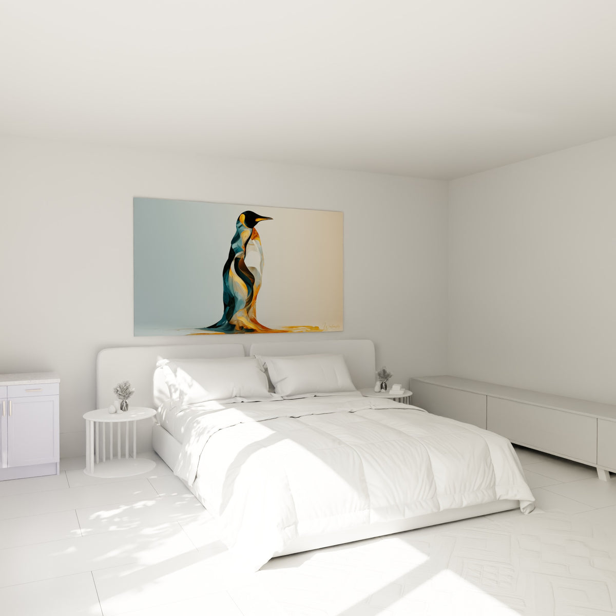Silhouette de Pingouin bleu pétrole et doré, fondu artistique, accrochée au-dessus d'un lit dans une chambre claire.