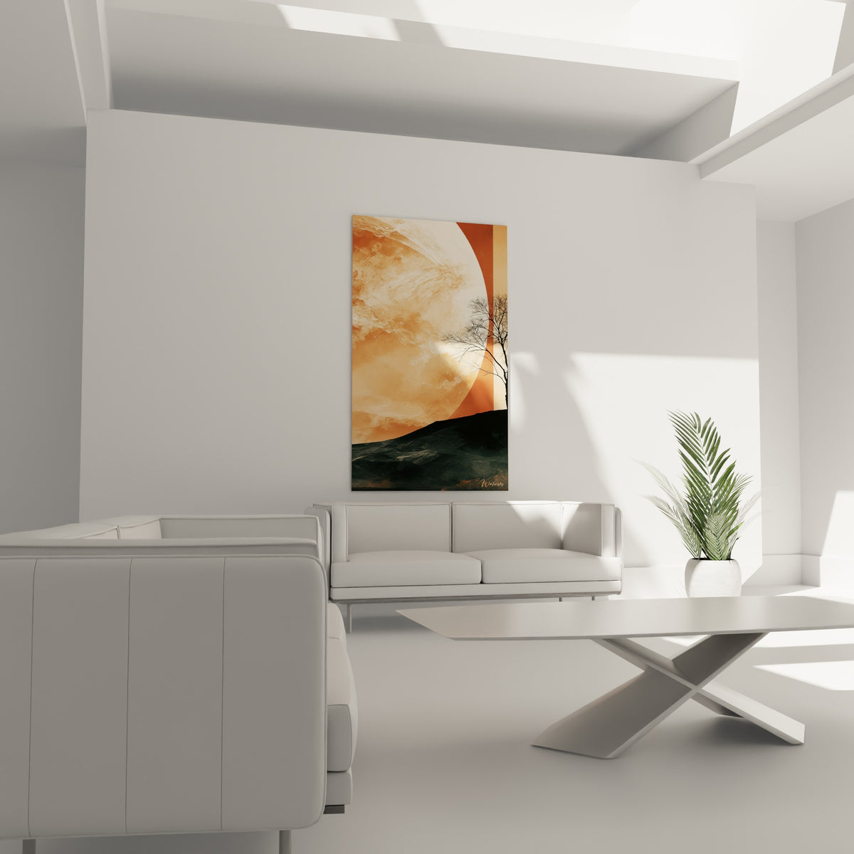 Planète orangée et branches sombres au-dessus d'un canapé dans un salon lumineux