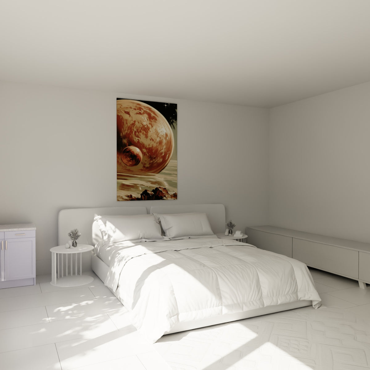 Astre ocre et lune terracotta peints au-dessus d'un lit dans une chambre claire