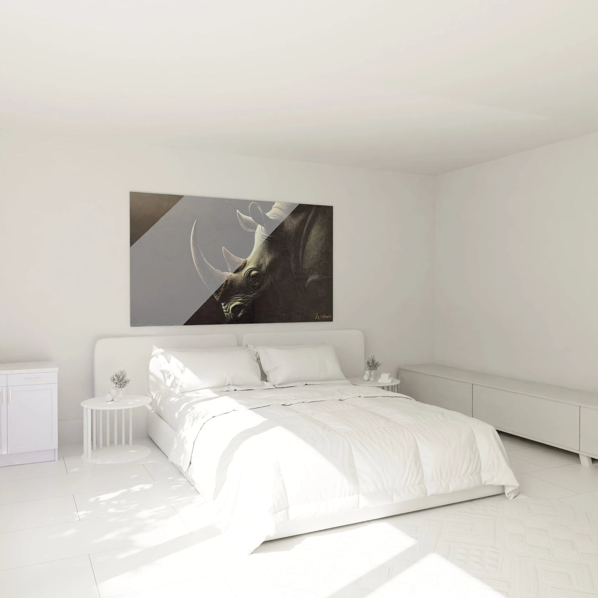 Dans une chambre moderne, ce tableau rhinoceros suspendu au-dessus du lit apporte une serenite et une force tranquille. Chaque detail de cet art contemporain renforce l'atmosphere apaisante de la piece