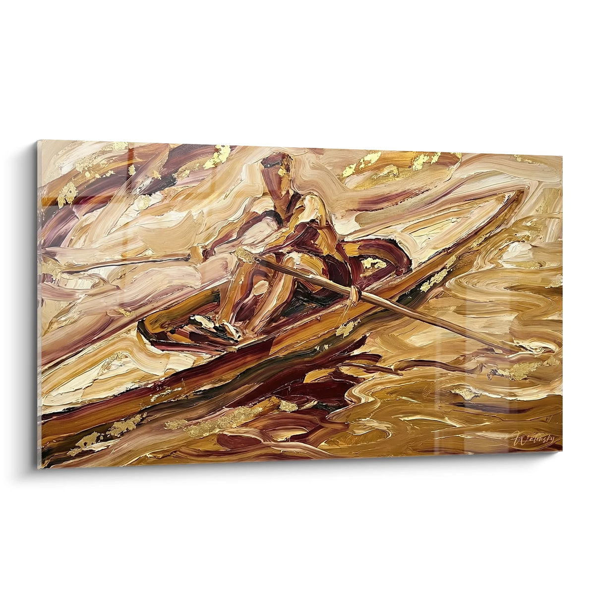 Tableau abstrait rameur en action tons dorés art mural aviron moderne