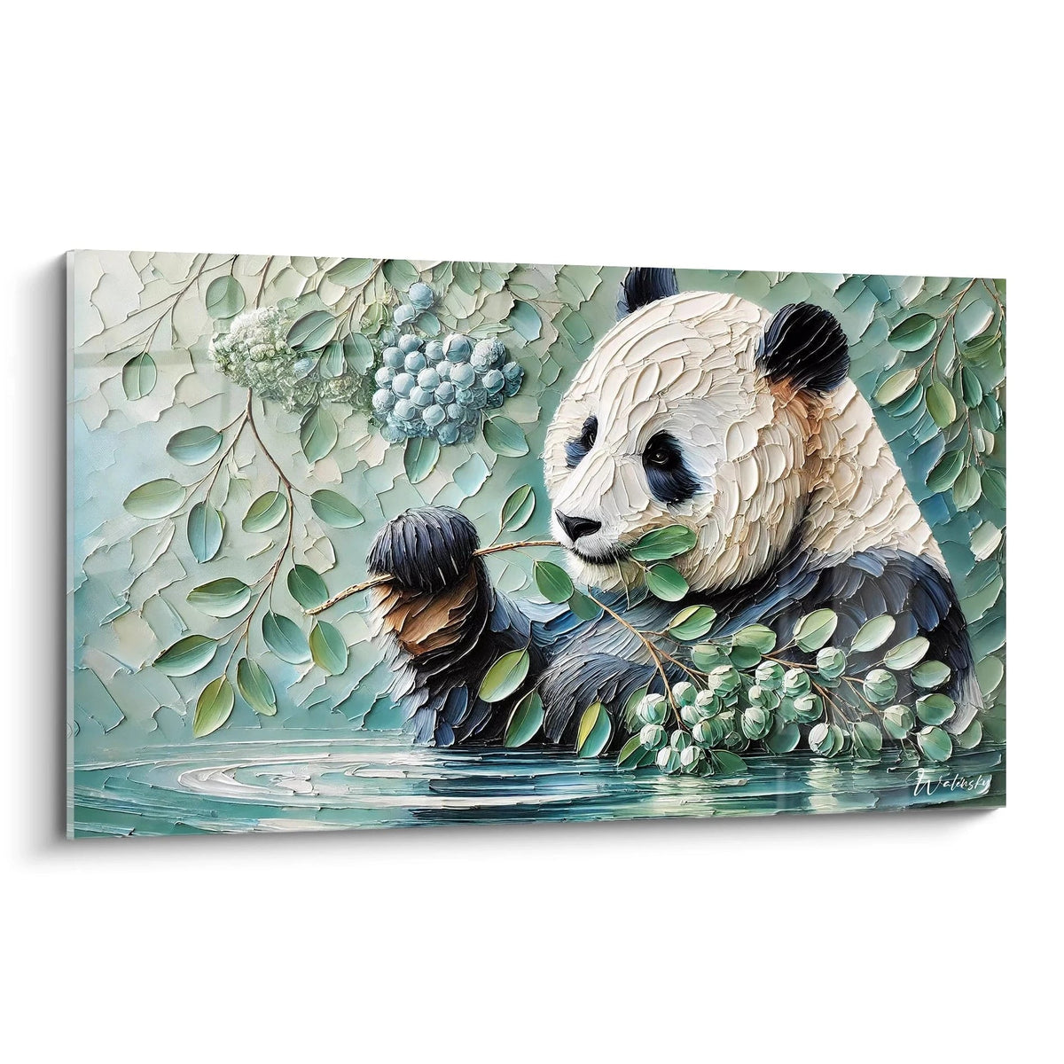Ce tableau panda geant presente un panda savourant des feuilles, avec une texture en relief. Vue de biais, on apprecie la profondeur des coups de pinceau qui rendent l'oeuvre presque sculpturale.