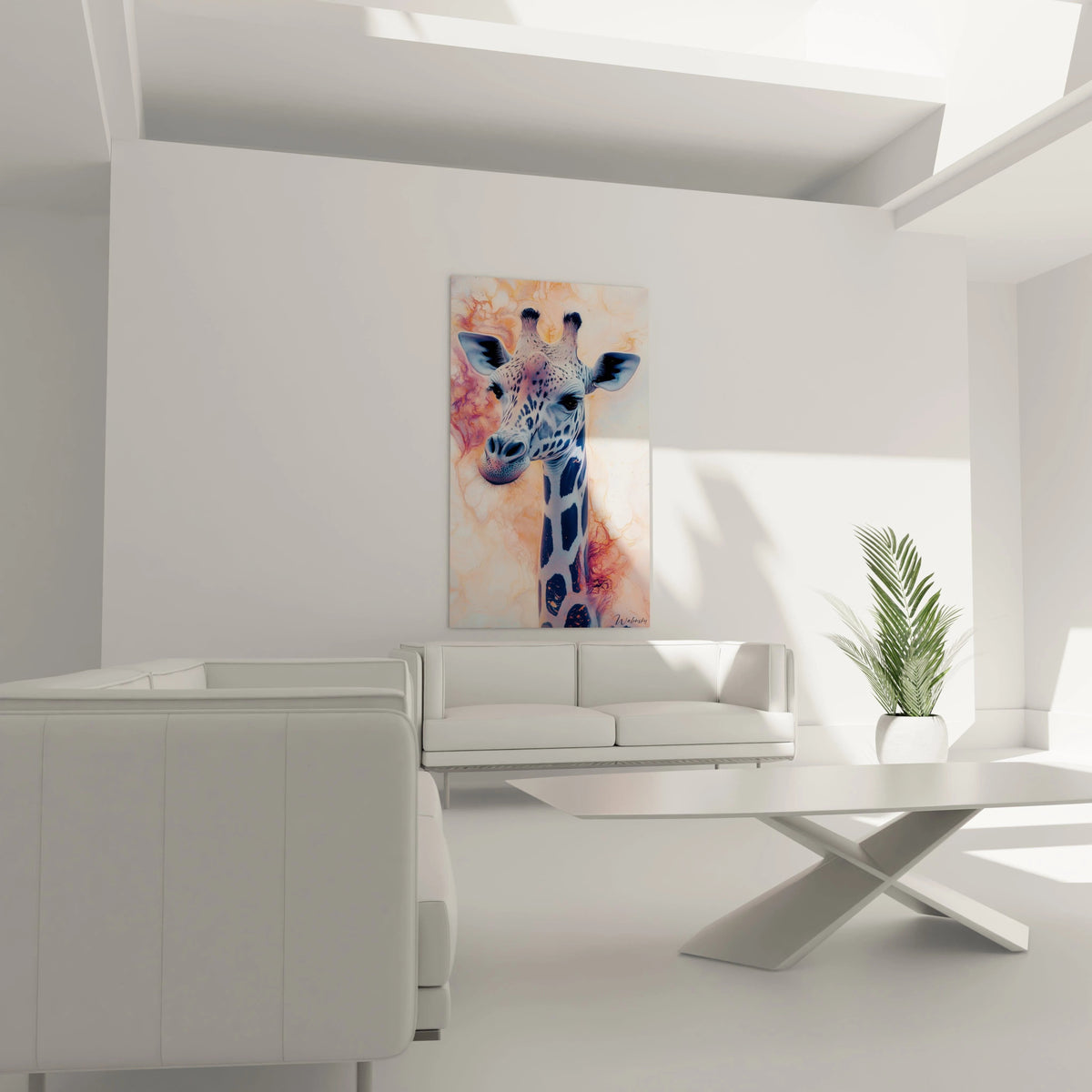Un tableau girafe artistique alliant précision anatomique et fond abstrait. La tête bleue tachetée de la girafe, rendue avec des détails minutieux, émerge d'un environnement marbré aux tons orange, pêche et blanc aux textures liquides.