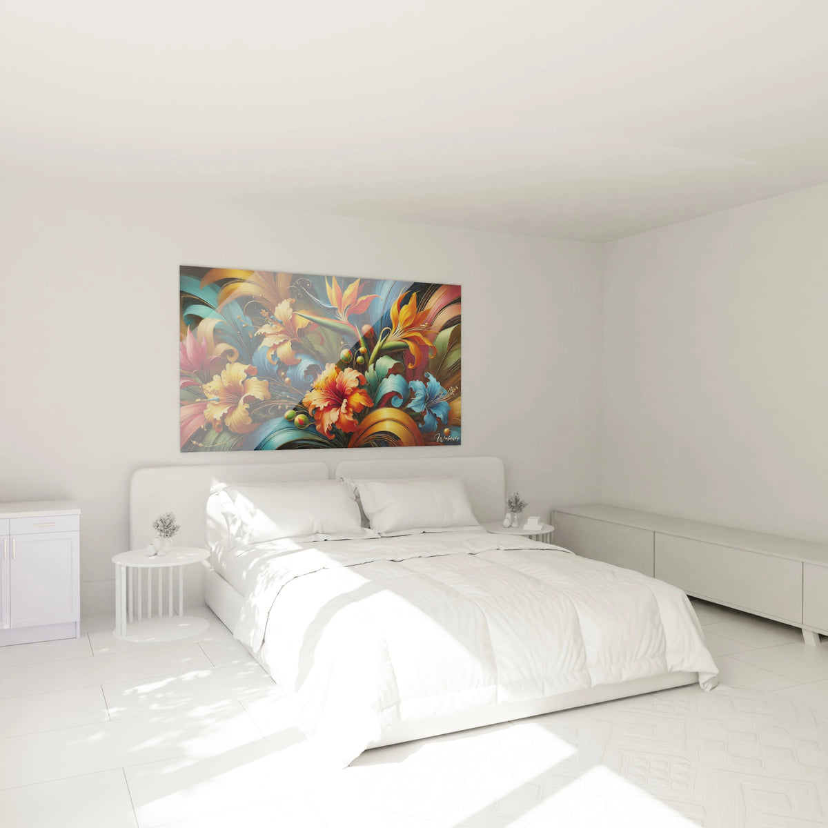 Accroché au-dessus du lit, ce tableau tropicales transforme la chambre en un sanctuaire de sérénité. Son vert profond et ses touches dorées apportent une ambiance chaleureuse et relaxante.