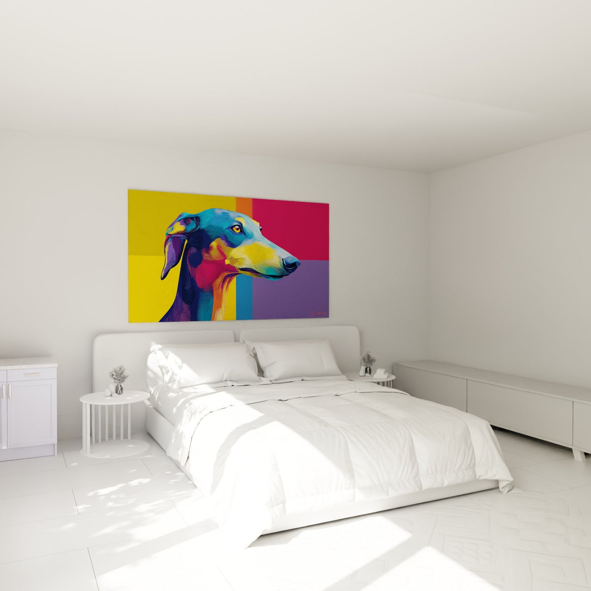 Tableau portrait de lévrier Saluki aux couleurs vives accroché dans chambre moderne épurée