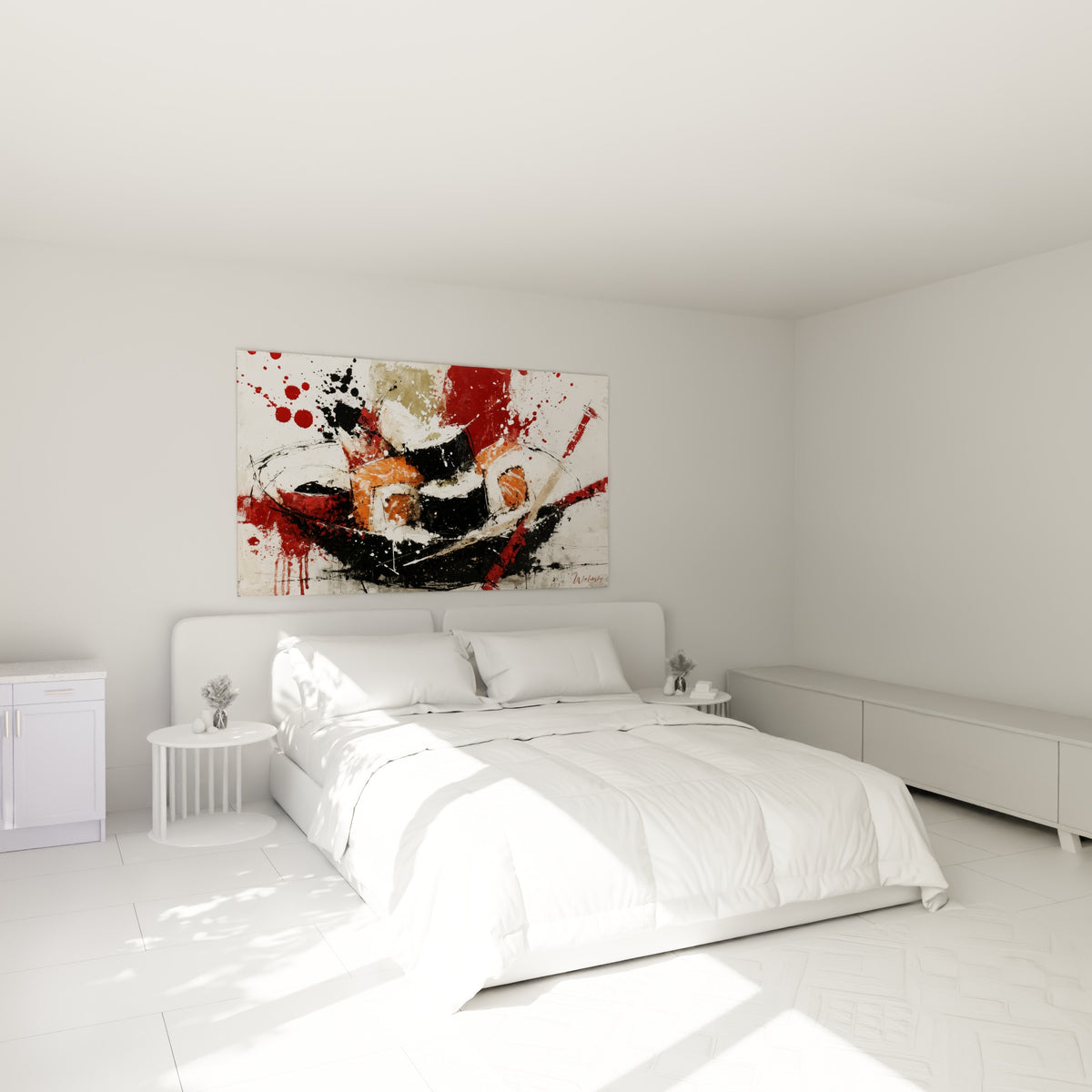 Composition sushi rouge sang et anthracite accrochée au-dessus d'un lit dans une chambre claire