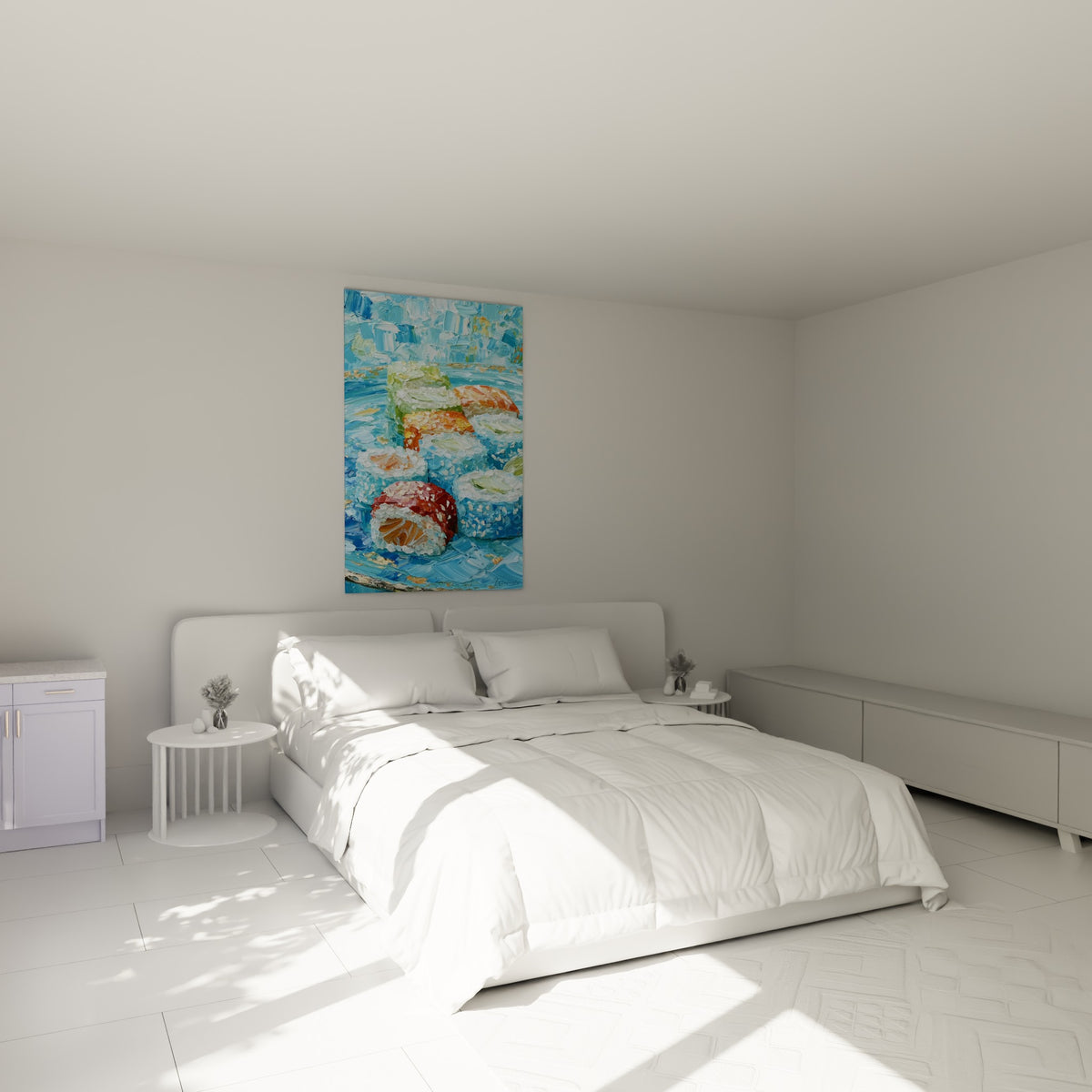 Assiette de sushis bleu turquoise et vert pastel accrochée au-dessus d'un lit dans une chambre claire