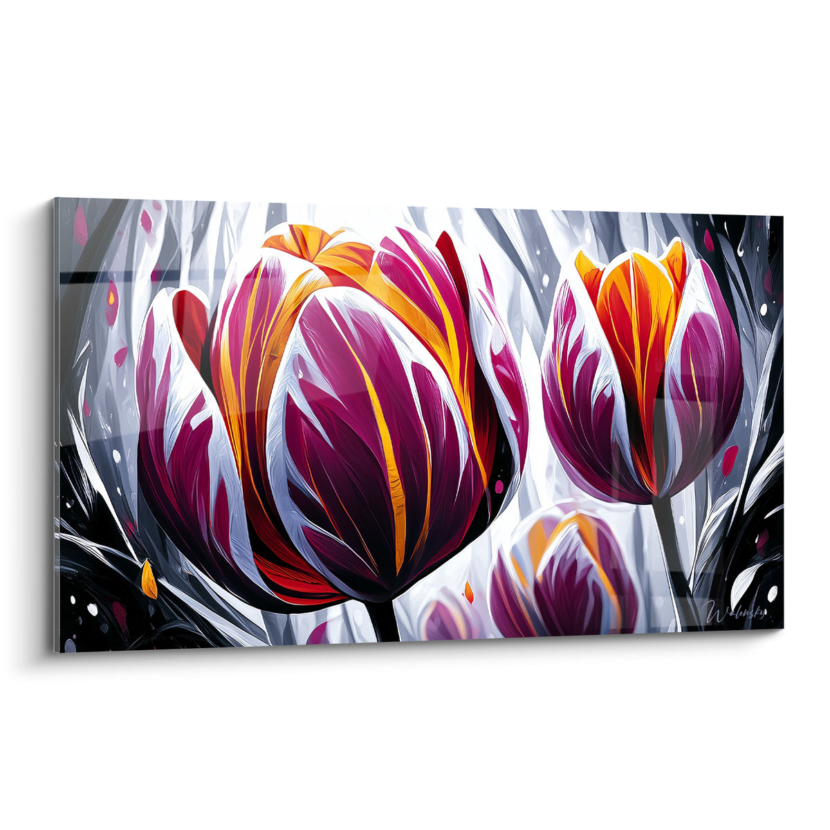 Tulipe pourpre aux veines dorées peinte sur fond anthracite dans un style pictural intense