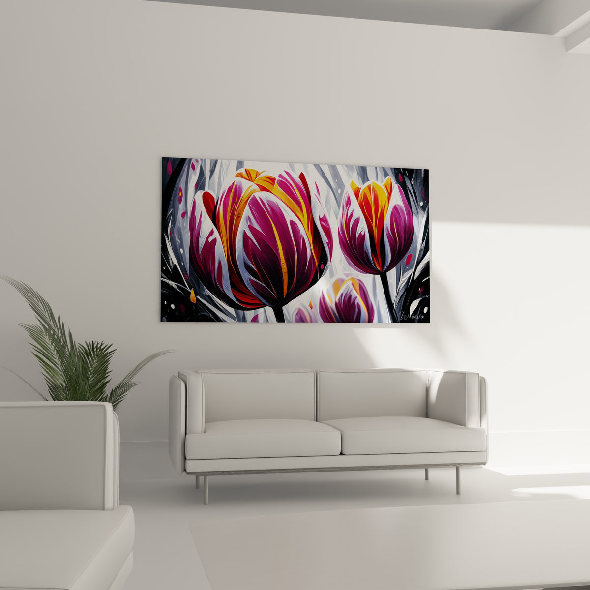 Pétales de tulipe pourpre striés d'or au-dessus d'un canapé dans un salon lumineux