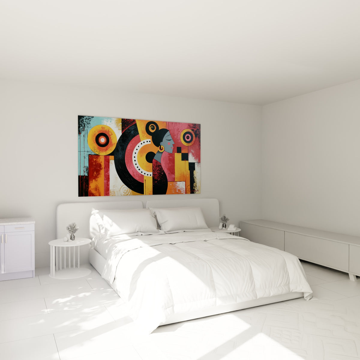 Profil gris du Visage abstrait entouré de cercles dorés et terracotta, au-dessus d'un lit dans une chambre claire