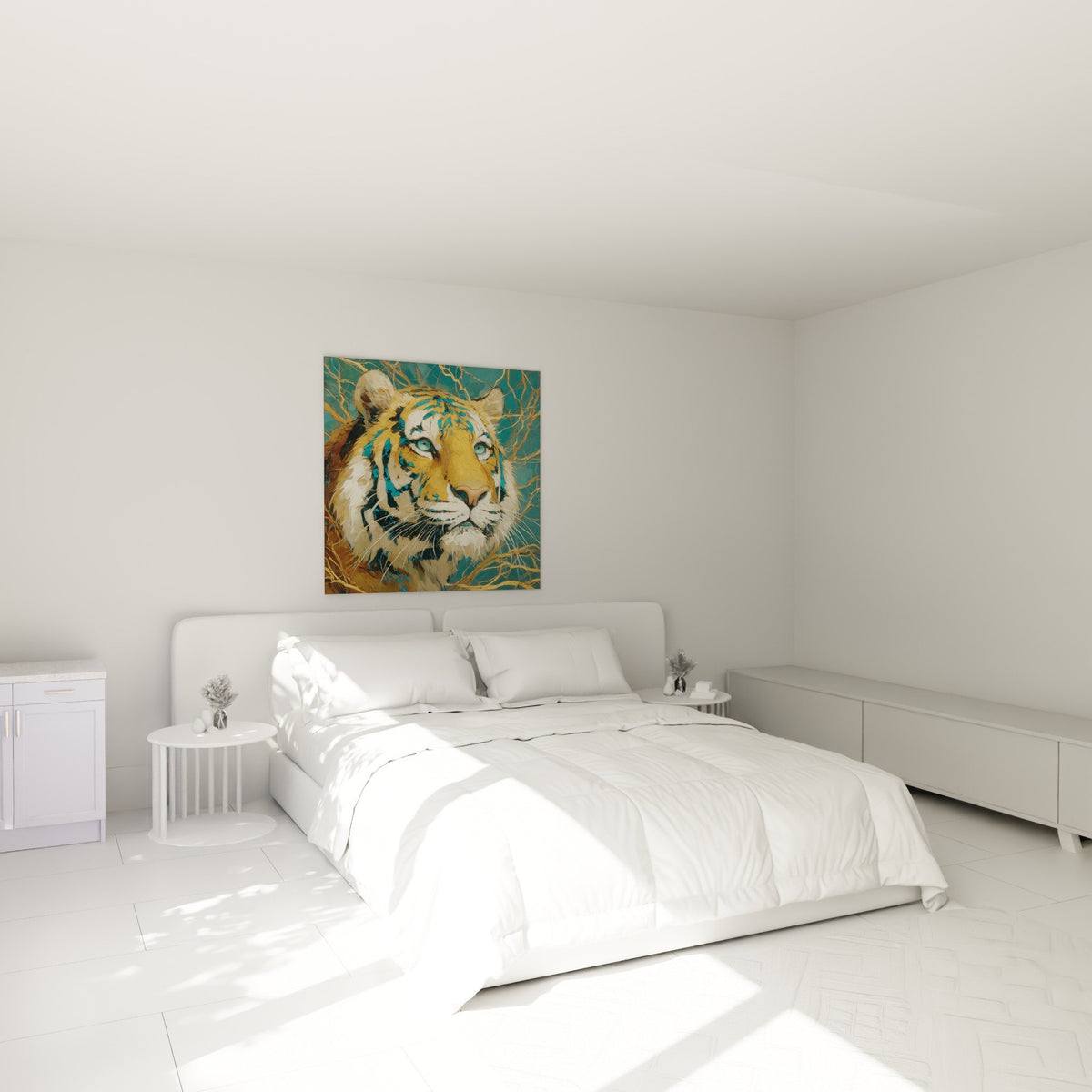 Tableau tigre regard turquoise intense dans chambre moderne decoration murale bleu dore ambiance contemporaine
