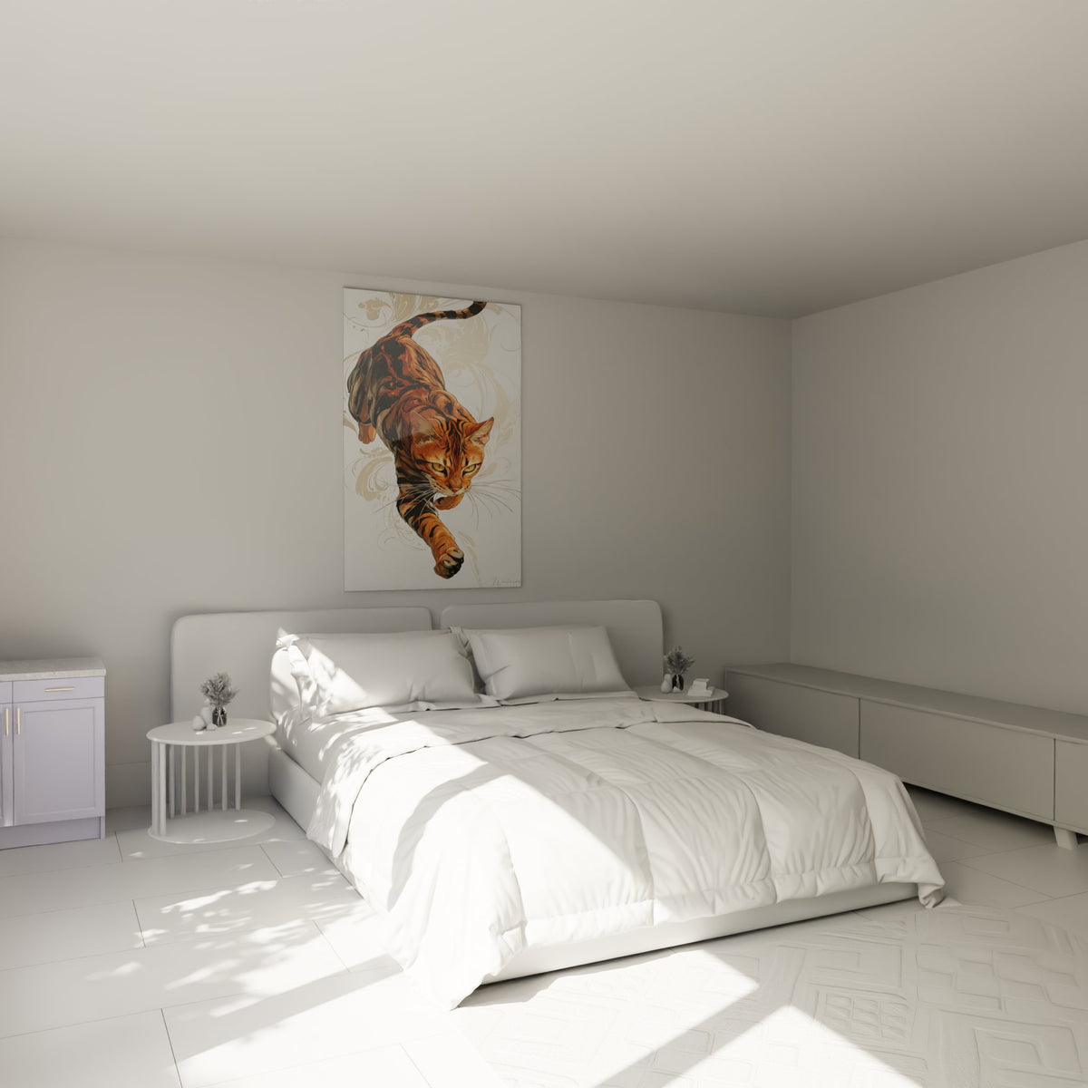 Tableau chat Toyger élégant installé dans une chambre moderne, décoration murale art félin premium