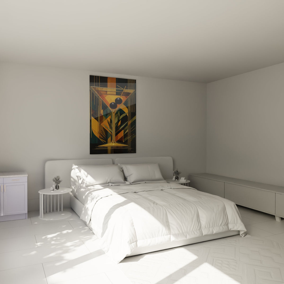 Tableau martini art déco dans une chambre moderne avec décoration contemporaine aux couleurs harmonieuses