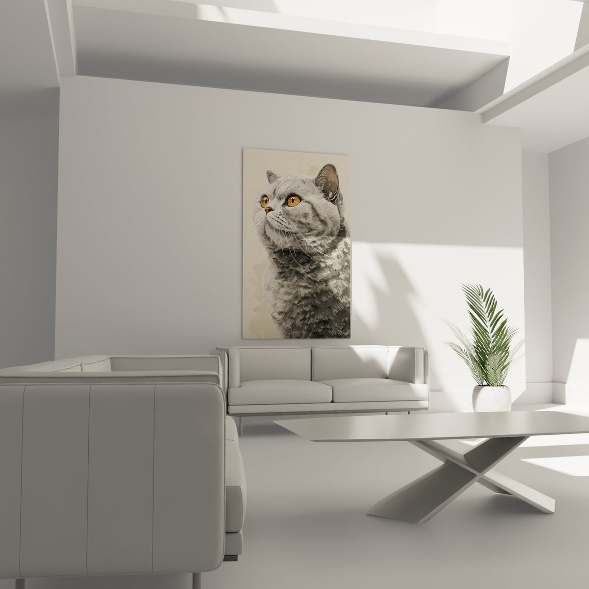 Detail portrait chat British Shorthair pelage gris argente yeux cuivres, qualite impression haute definition