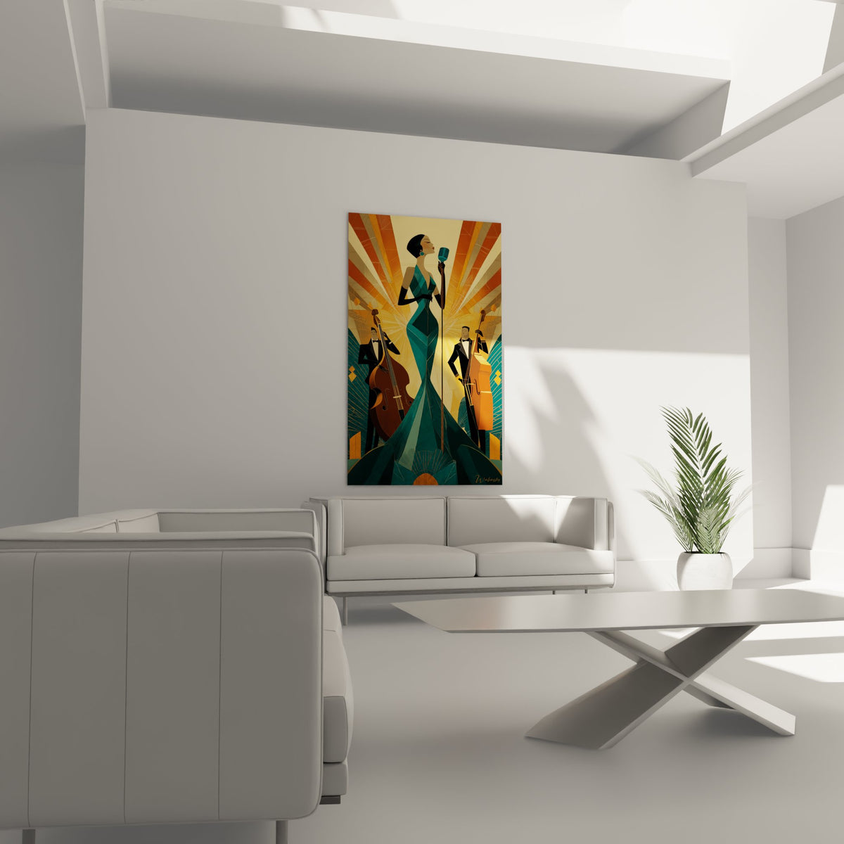Détail tableau art déco montrant visage stylisé chanteuse jazz et motifs géométriques couleurs turquoise doré
