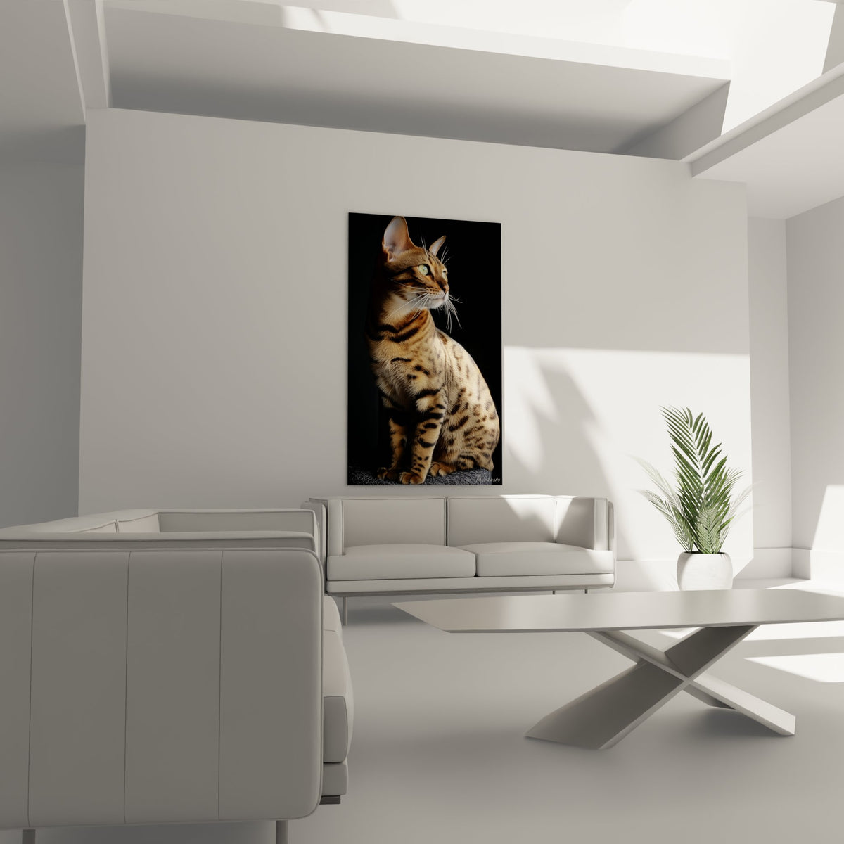 Detail portrait chat Toyger yeux verts perçants moustaches pelage raye texture realiste haute qualite