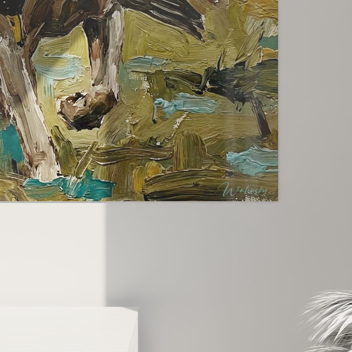 Vue d'ensemble tableau art animalier Braque de Weimar chasseur dans intérieur contemporain