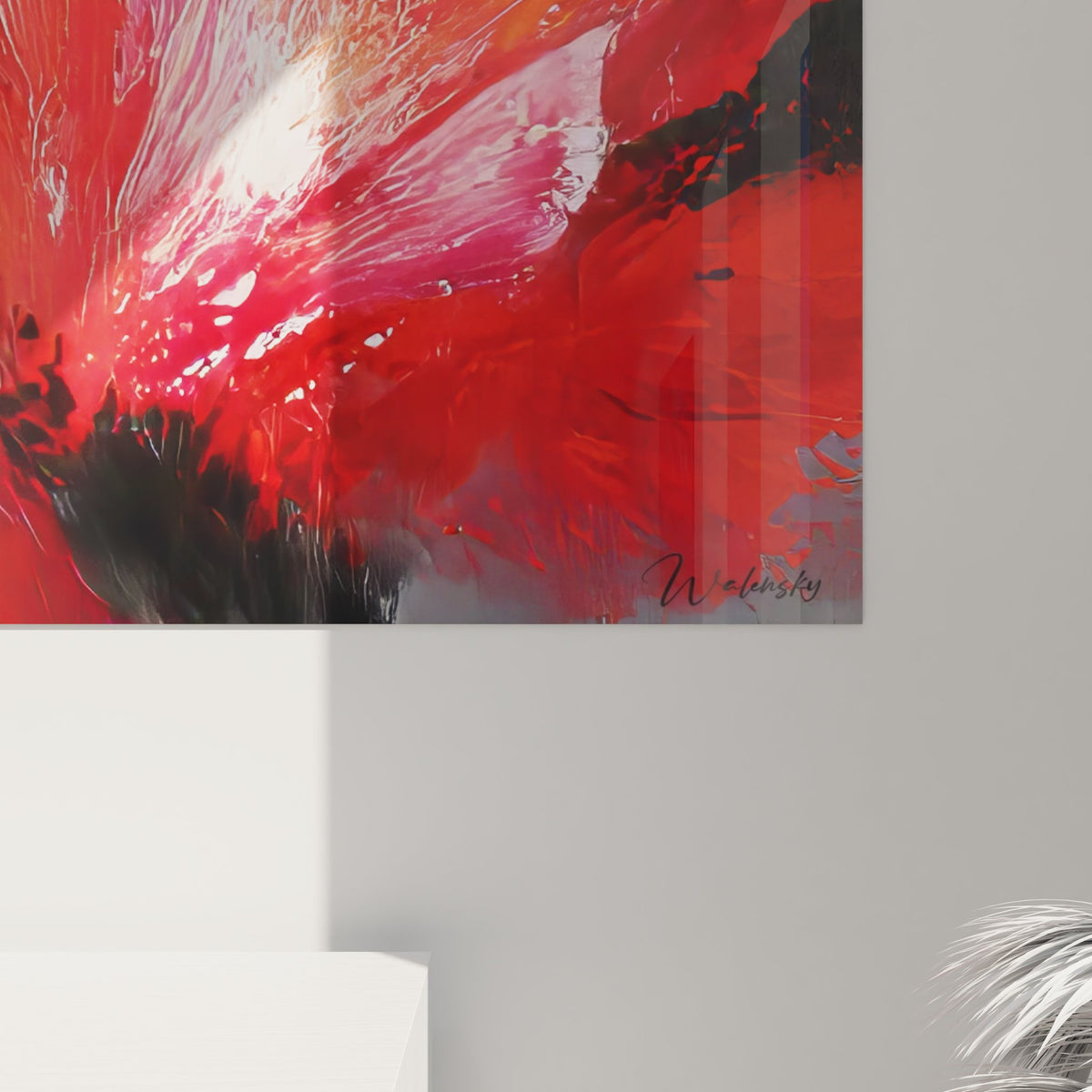 Vue ensemble tableau expressionniste fleur rouge explosion florale art mural