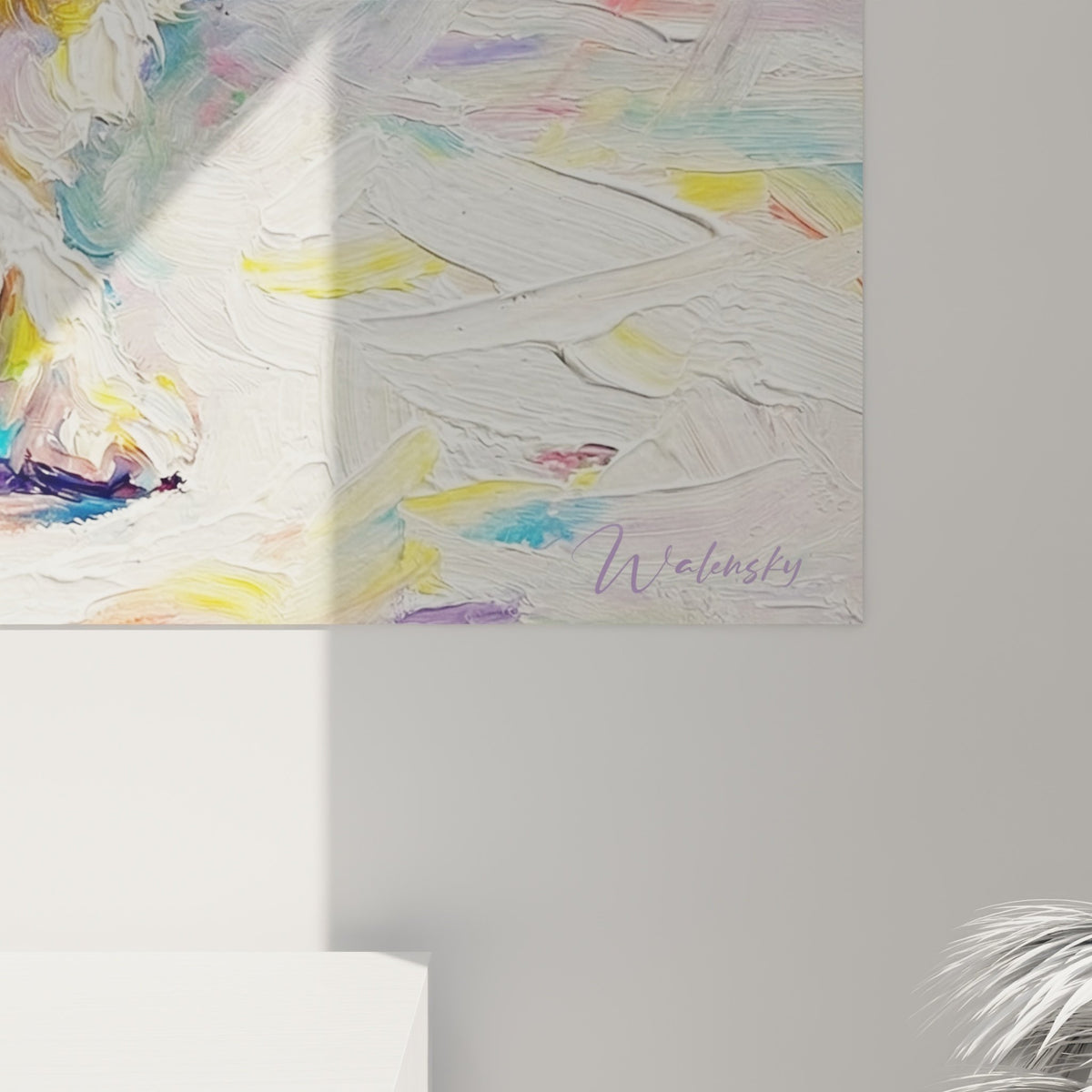Vue ensemble tableau Bichon Maltais multicolore dans interieur moderne decoration murale artistique