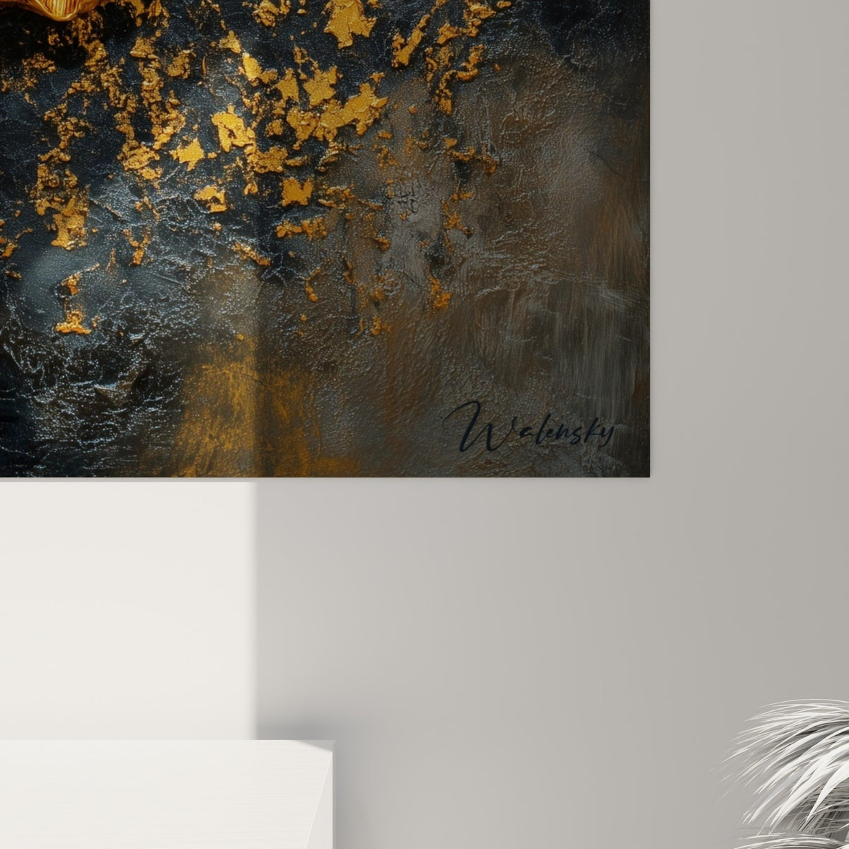 Vue ensemble tableau mural ginkgo dore bleu mineral decoration interieure feng shui centre terre