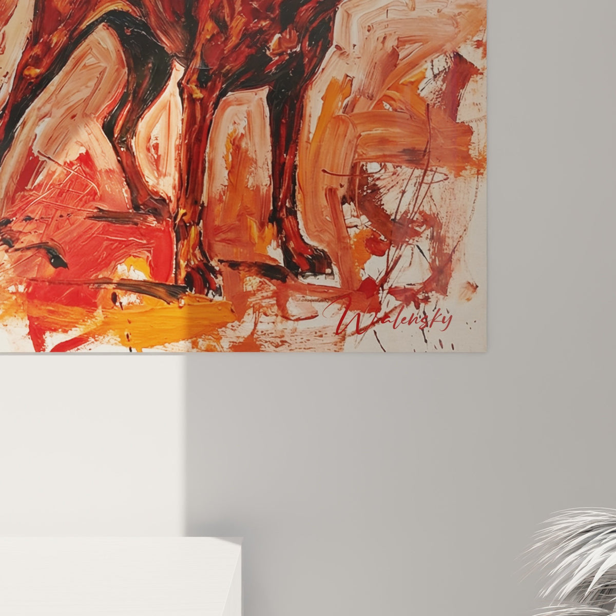 Vue ensemble tableau Pointer Anglais mouvement couleurs chaudes rouge orange decoration murale