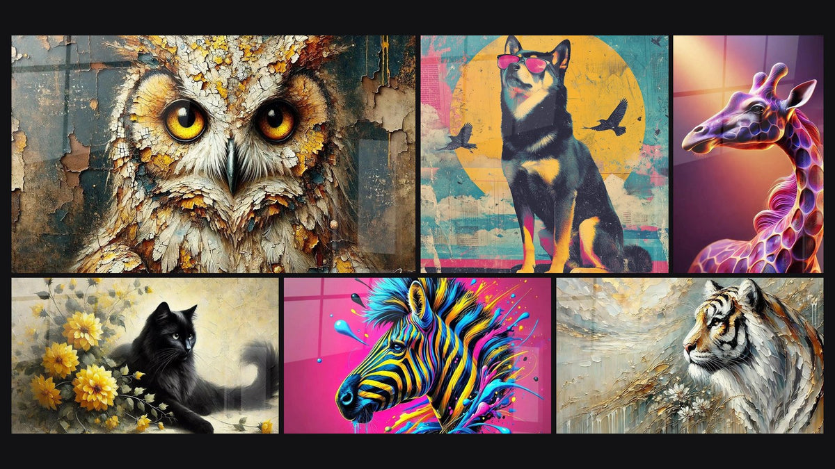 Mosaïque de six tableaux, dont Hibou du Passé, Douceur en Jaune et Reflets Pourpres
