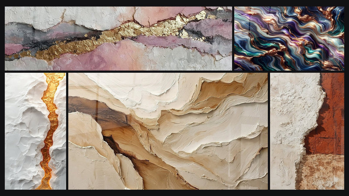 Mosaïque de cinq tableaux, dont Faille dorée serpentine sur relief blanc, Sérénade Minérale et Abstrait Beige et Terre