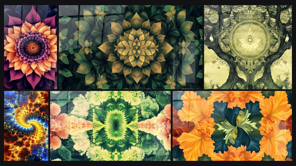 Mosaïque de six tableaux, dont Fleur fractale, Fractale cosmique et Fleurs tropicales