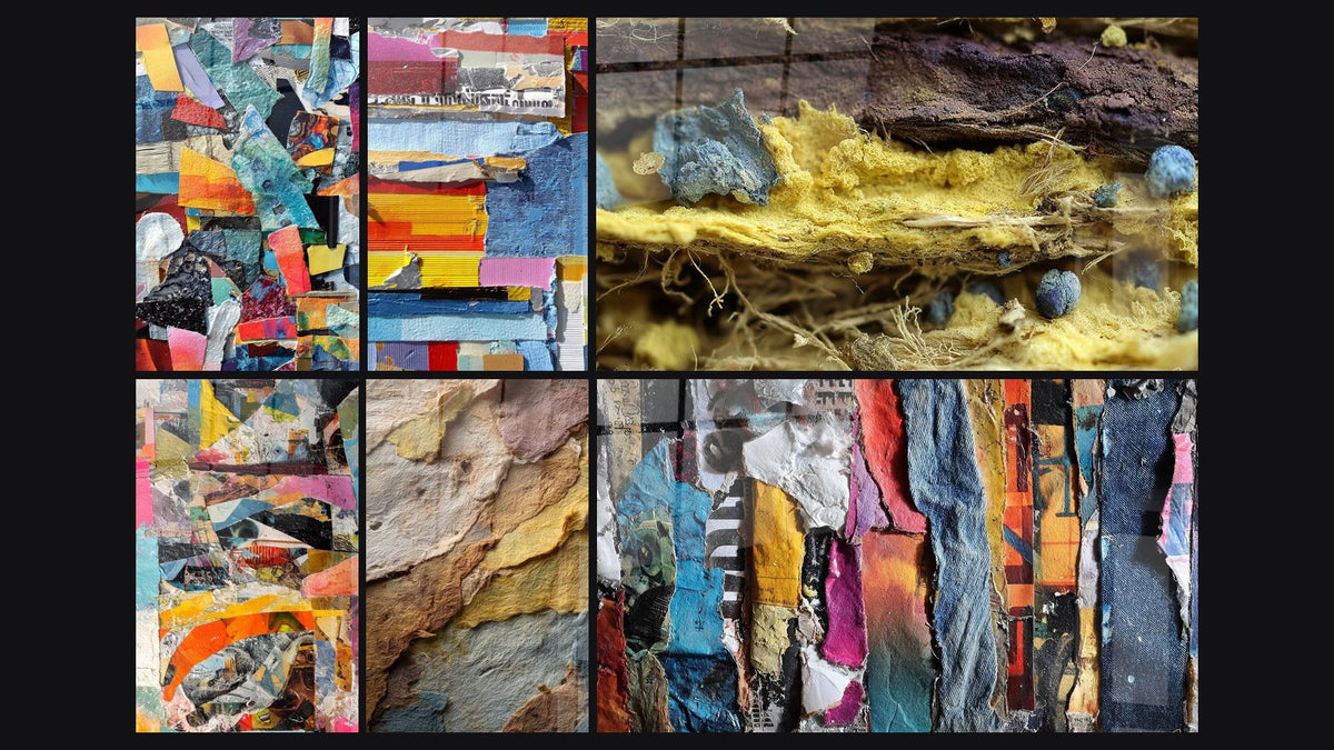 Mosaïque de six tableaux, dont Abstrait coloré, Fragments colorés et Abstrait géométrique