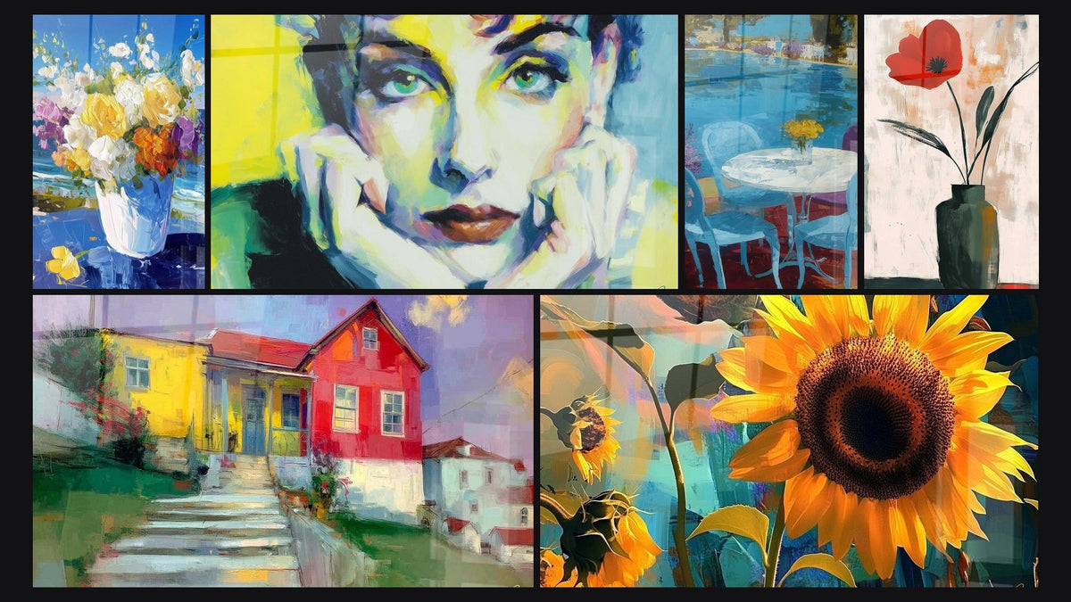 Mosaïque de six tableaux, dont Bouquet Explosion Florale, Maisons Escalier Vibrant et Portrait Féminin Regard Émeraude