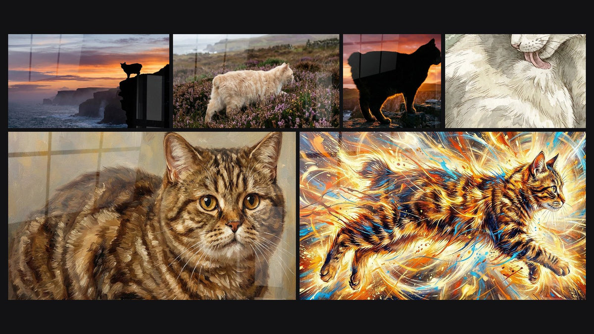 Mosaïque de six tableaux, dont Chat Manx Silhouette Coucher de Soleil, Chat Tigré Portrait et Chat Manx dans la Lande