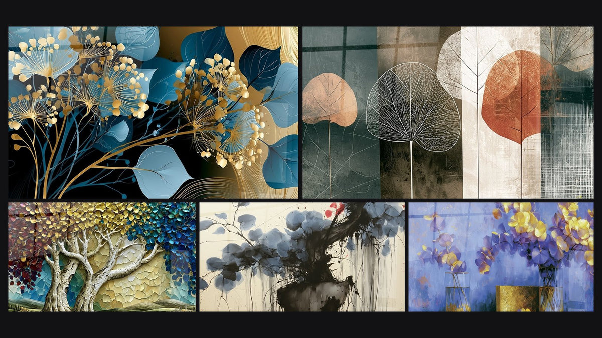 Mosaïque de cinq tableaux, dont Feuillages bleus et dorés sur fond noir et Arbre doré aux feuillages bleu et bordeaux