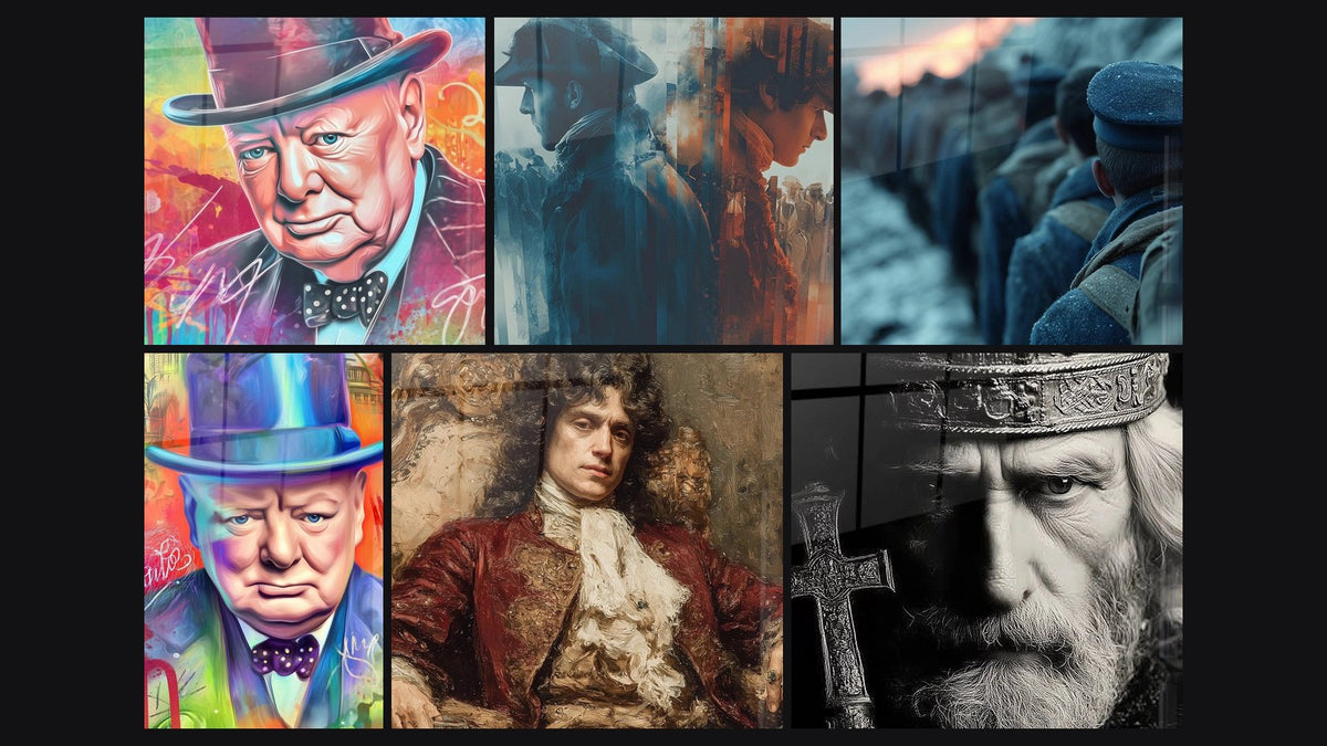 Mosaïque de six tableaux, dont Portrait Force Tranquille, Portrait Émotion Captive et Napoléon Ombres Jumelles