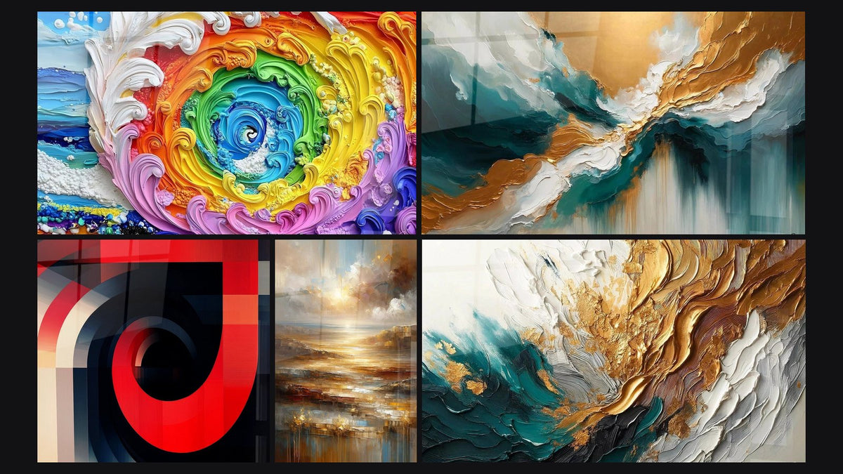 Mosaïque de cinq tableaux, dont Vague colorée spiralée, Spirales concentriques rouge et noir et Lumière des Abysses