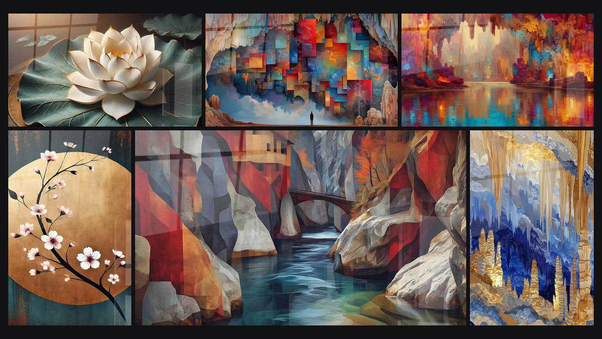Mosaïque de six tableaux, dont Pureté Sacrée, Fleur de Lune et Canyon Aquatique Cubiste