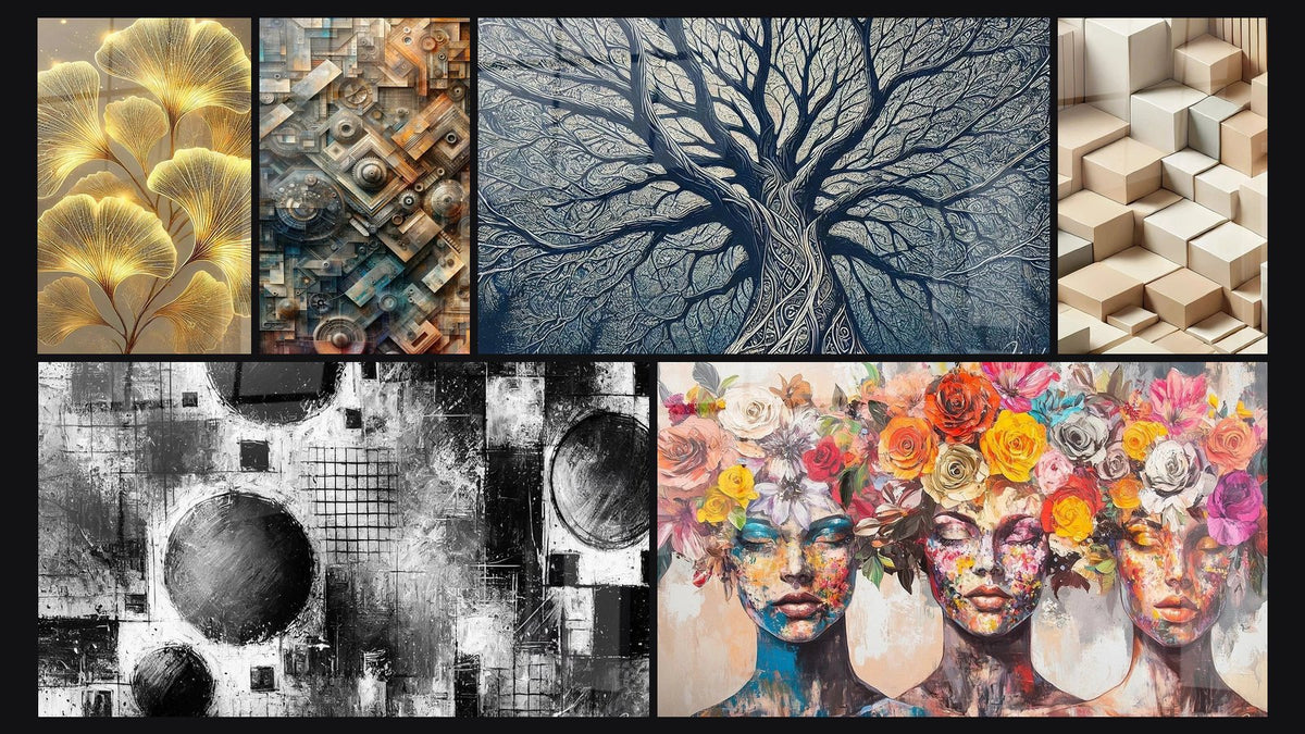 Mosaïque de six tableaux, dont Brillance Naturelle, Complexité Mécanique Intemporelle et Élégance Arborée