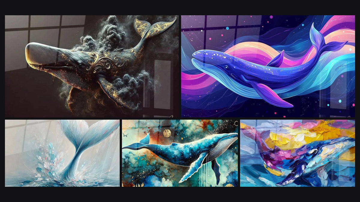 Mosaïque de cinq tableaux, dont Baleine des Brumes, Le ballet marin et Nuage Marin