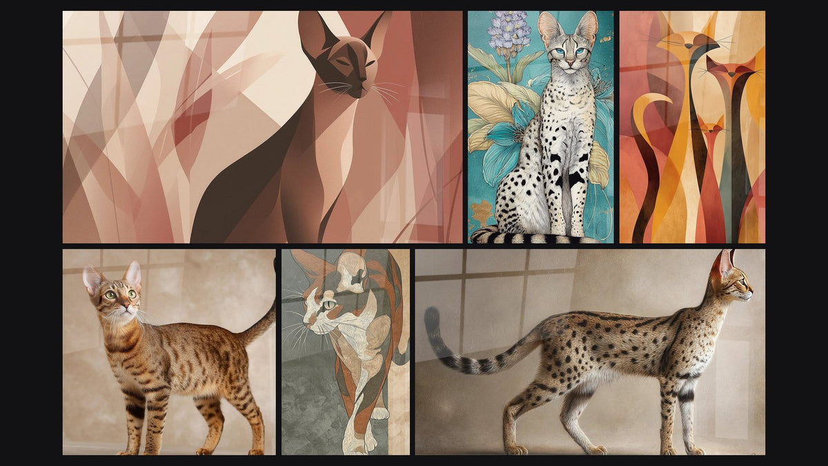 Mosaïque de six tableaux, dont Chat Géométrique, Chat Serengeti Portrait et Chat Serengeti aux Fleurs Tropicales