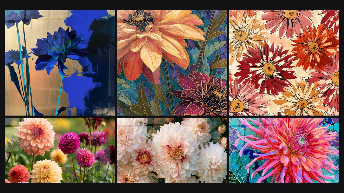 Mosaïque de six tableaux, dont Dahlias bleu marine et doré peints et Dahlias oranges et pourpres façon vitrail